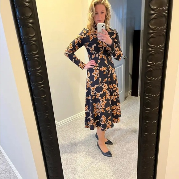 Tanya Taylor Floral Thea Dress Navy Orange Jersey Midi Turtle Neck Large. - Picture 6 of 13